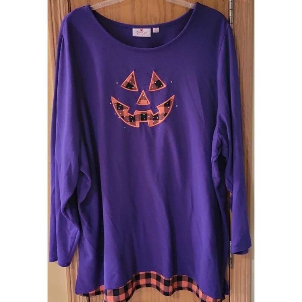 QUACKER FACTORY Jack-O-Lantern Pumpkin Hacci Top with Buffalo Plaid Size 3X